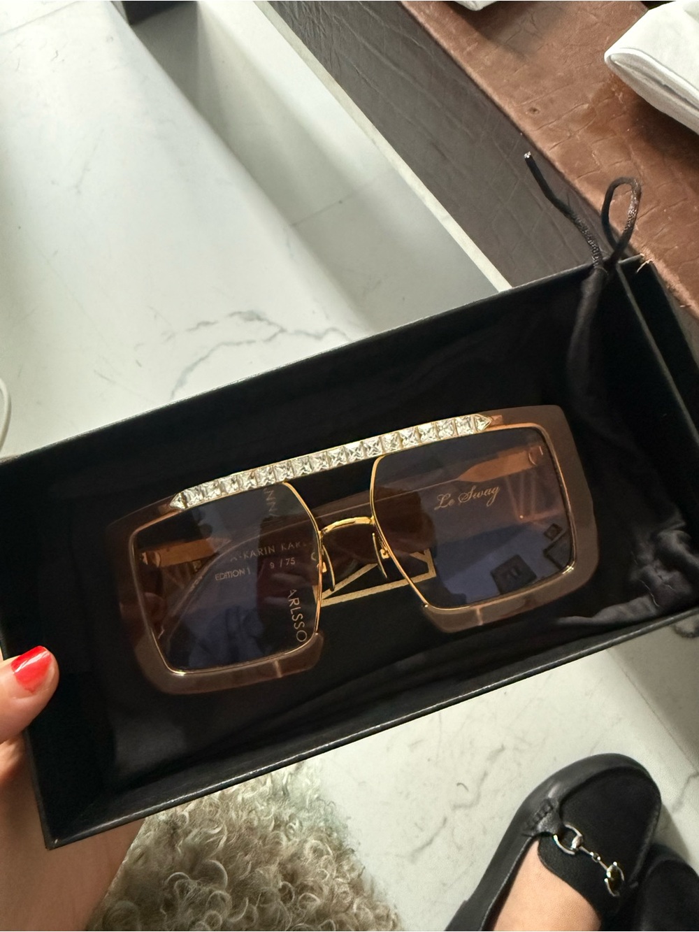 Crystal-Embellished Brown Rectangular Women's Sunglasses
